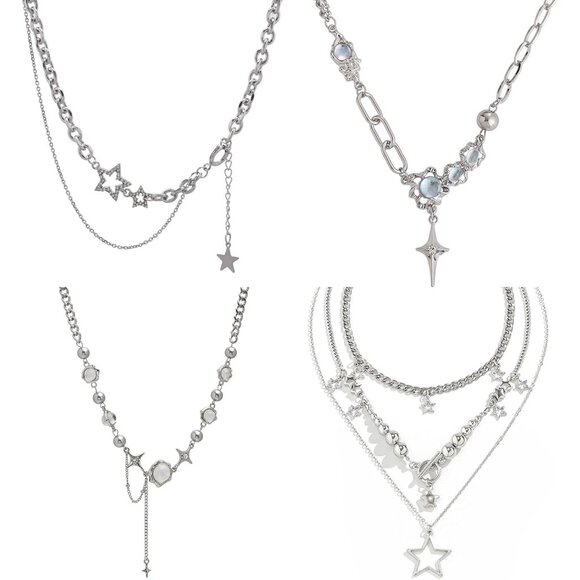 Jewelry - Stylish 4PCS Moonstone Punk Star Layered Necklace Set for Women - Perfect Gift